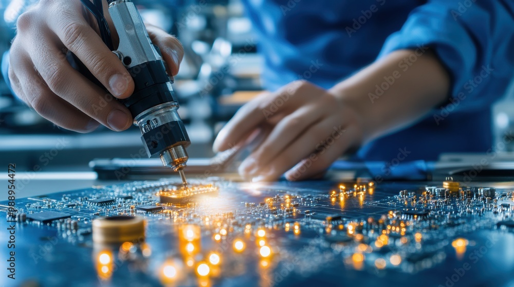 Poster precision work on circuit board in modern laboratory
