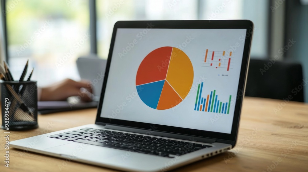 Poster a colorful pie chart displayed on a laptop screen in a modern office setting, with a business profes