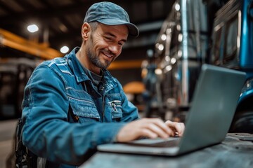 Happy mechanic using laptop while working at truck repair workshop, Generative AI