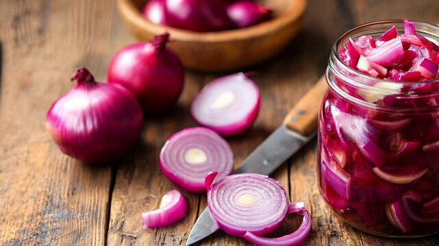 Homemade vegetable pickles with sliced red onions, a rustic kitchen setting, and a wood table featuring fresh ingredients and utensils