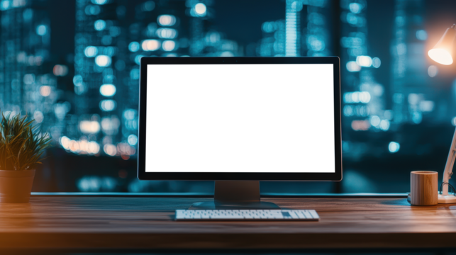 Transparent desktop monitor on wooden desk with city skyline at night blurred in the background - Powered by Adobe