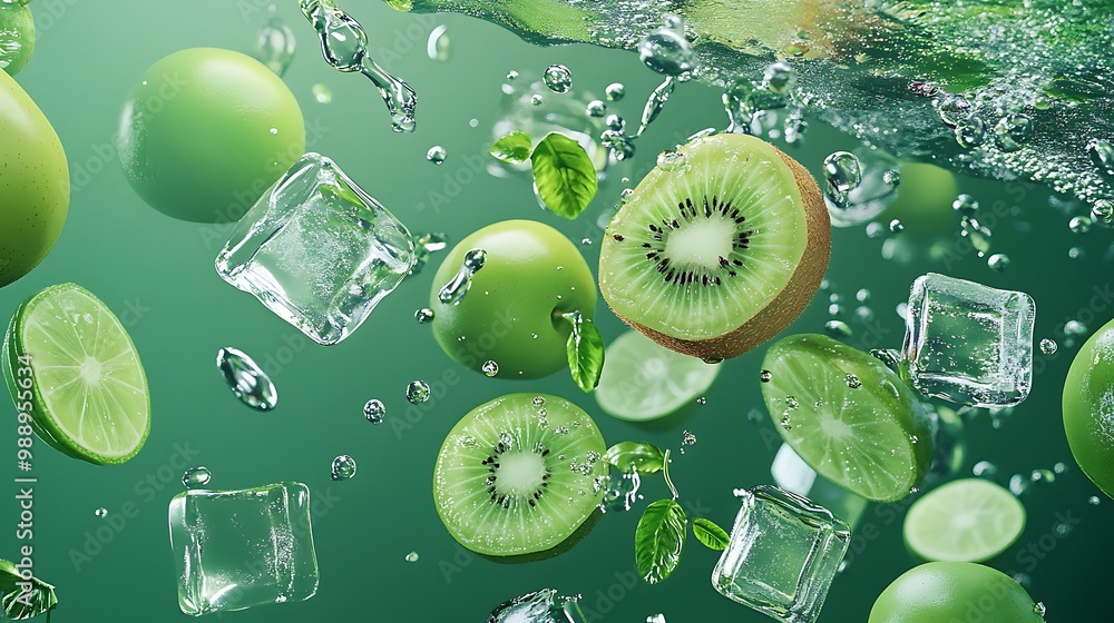 Wall mural fresh kiwi, lime, mint, and ice cubes falling in water.