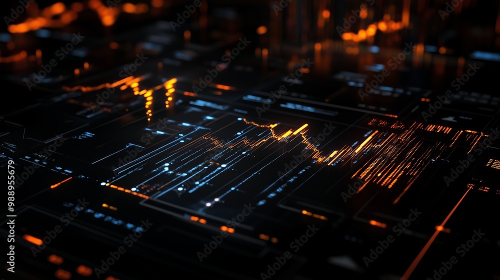Poster abstract data visualization display in dark tones, showcasing intricate lines and patterns represent