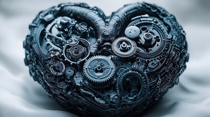 Obraz premium A black and white mechanical heart with gears and cogs interwoven within, intricate machinery symbolizing the fusion of emotion and logic, bold contrasts and detailed metal textures,
