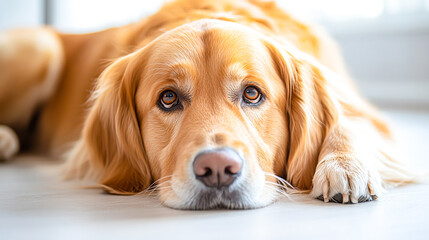 Sad Golden Retriever Lying on the Floor
