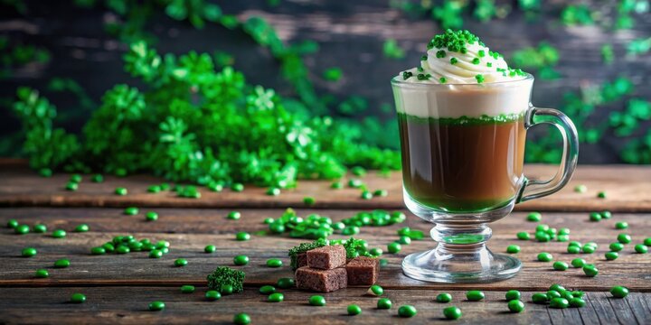 St. Patrick's Day celebration with Irish coffee in glass cup, sprinkles on green with copy space