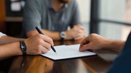 image captures close up of hands engaged in signing process, emphasizing collaboration and agreement in professional setting. atmosphere suggests focus and determination