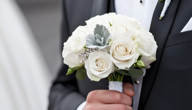 A classic wedding color scheme of black and white with pops of silver, featuring sleek black tuxedos, white roses, and shimmering silver accents.