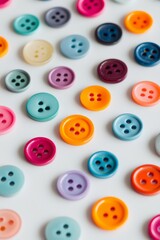 Fototapeta premium A collection of brightly colored buttons scattered across a white table, each differing slightly in size and shade, forming a playful yet minimalist texture. 