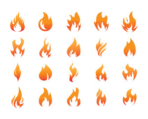 Fire icon vector set. Fire flame symbol. Flame icon collection. Set of yellow and orange fire flame.  Fire flame icon. Burning symbol. Fireball sign. Energy illustration isolated.
