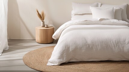 A minimalist beige aesthetic bedroom, with soft linen bedding, a woven jute rug, and a simple wooden nightstand bathed in warm sunlight.