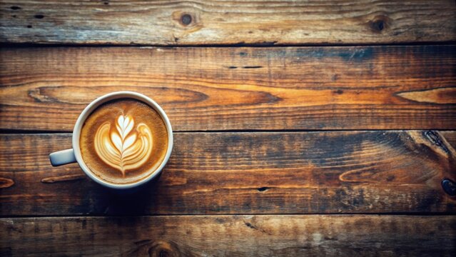 Top view of a cup of latte coffee on a rustic wooden table, vintage vibes