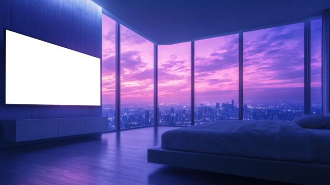 Transparent TV screen in bed room with floor-to-ceiling windows and pink sunset sky