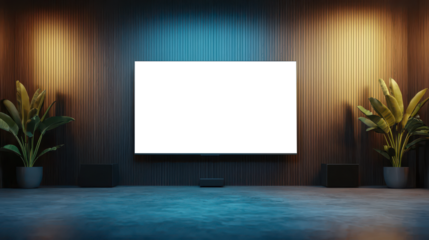 Transparent TV screen in stylish modern living room with wood-paneled wall and warm lighting