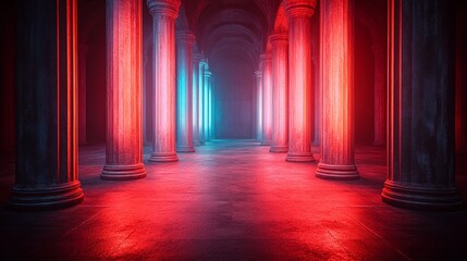 Fototapeta premium A row of stone pillars stand in an empty hall, illuminated by a red and blue neon glow, casting long shadows on the floor, creating a sense of mystery and intrigue.