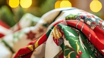 Fototapeta premium Festive Fabric with Christmas Patterns and Bokeh Lights