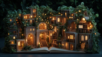 A whimsical miniature village crafted from book, adorned with lush greenery and glowing lights, creating magical atmosphere. This enchanting scene invites imagination and wonder