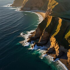 Aerial view of a dramatic coastal landscape at sunrise, where golden rays of light cast long shadows over the cliffs and the ocean sparkles with shades of blue and green