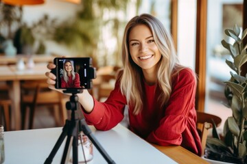 Woman influencer vlogging selfie smile photo.