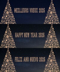 3 Wish cards 2025 written in French, English, Spanish in gold font with 2 gold Christmas trees with stars and Christmas' balls on a blue background