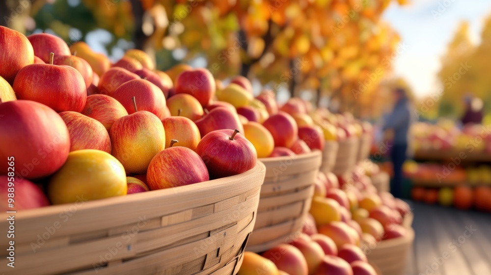 Poster a large number of baskets filled with apples are on display, ai