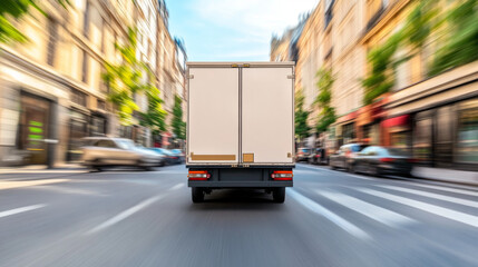 Naklejka premium image captures motion blur of delivery truck driving through city street, showcasing hustle and bustle of urban life. scene conveys sense of speed and activity