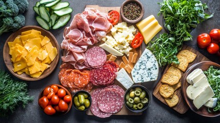 A creative flat lay of various sandwich ingredients, including deli meats, cheeses, and fresh veggies, arranged artfully on a kitchen counter, inviting culinary inspiration.