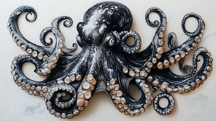 Obraz premium A black and white octopus with tentacles reaching out in all directions, detailed suction cups and flowing shapes, symbolizing adaptability and fluidity, soft shading and bold lines.