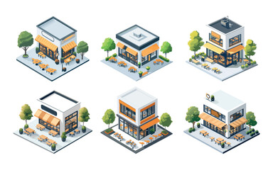 Cafe restaurant buildings isometric vector set. Cafeteria trees plants tables benches outdoor espresso bar, bistro modern facade exterior quick service , fast food veranda breakfast urban coffee shop
