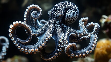 Obraz premium A black and white octopus with tentacles swirling in intricate patterns, symbolizing intelligence and fluidity, highly detailed suction cups and skin textures,