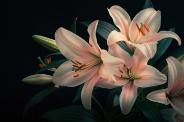 Elegant pink lilies with delicate petals on a dark background, exuding a sense of tranquility and beauty