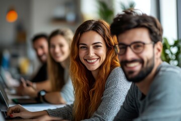 Obraz premium Happy creative marketing team working on new business project in office, Generative AI