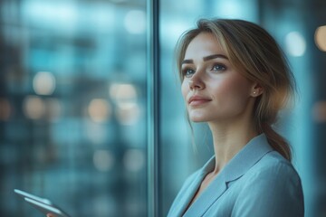 Pensive businesswoman with touchpad looking through window while working in office, Generative AI