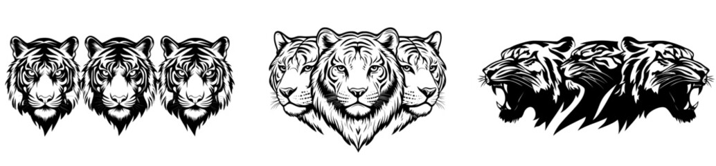 A silhouette of a tiger head on a white background is a minimalist shape icon of a tiger.