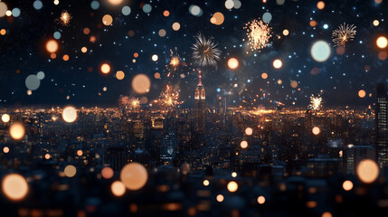 Obraz premium A stunning cityscape view featuring vibrant fireworks illuminating skyline at night, with colorful bokeh effects adding magical touch to scene