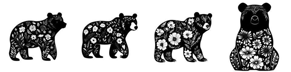 Black and white floral patterned bear silhouette illustration isolated on white