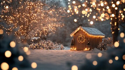 A cozy winter scene featuring charming shed adorned with festive lights and wreath, surrounded by snowy landscape and twinkling trees. atmosphere is warm and inviting, perfect for holiday season