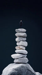 Fototapeta premium A person stands atop carefully balanced stack of stones, symbolizing achievement and stability against dark background. scene evokes sense of tranquility and focus