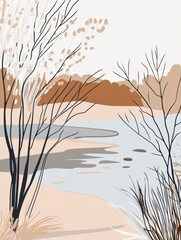 Abstract Landscape with River and Minimalist Trees