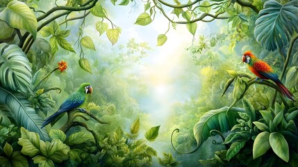 Lush Flourishing Rainforest Canopy with Cascading Vines and Colorful Tropical Birds in Whimsical Watercolor Style