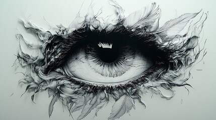 Obraz premium A black and white phoenix eye with flames and feathers surrounding it, symbolizing rebirth and transformation, high contrast line work and delicate details on the flames. --ar 16:9 --no logo