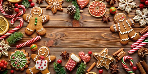 Christmas gingerbread and assorted sweets displayed on a wooden surface with copy space