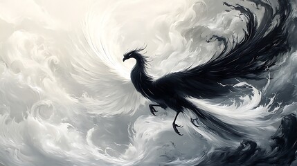 Fototapeta premium A black and white phoenix in flight, feathers and flames swirling together, highly detailed wings, symbolizing strength and rebirth, bold contrast between light and dark, dramatic shadows.