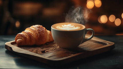 cup of coffee with croissant