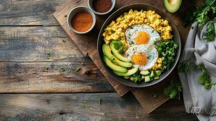 A nutritious breakfast bowl featuring scrambled eggs, avocado, and herbs.