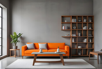 A modern living room with an orange sofa, a wooden coffee table, and a large bookshelf on the wall