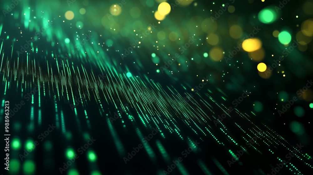 Poster abstract representation of green and yellow particles floating in a digital space with a vibrant bac