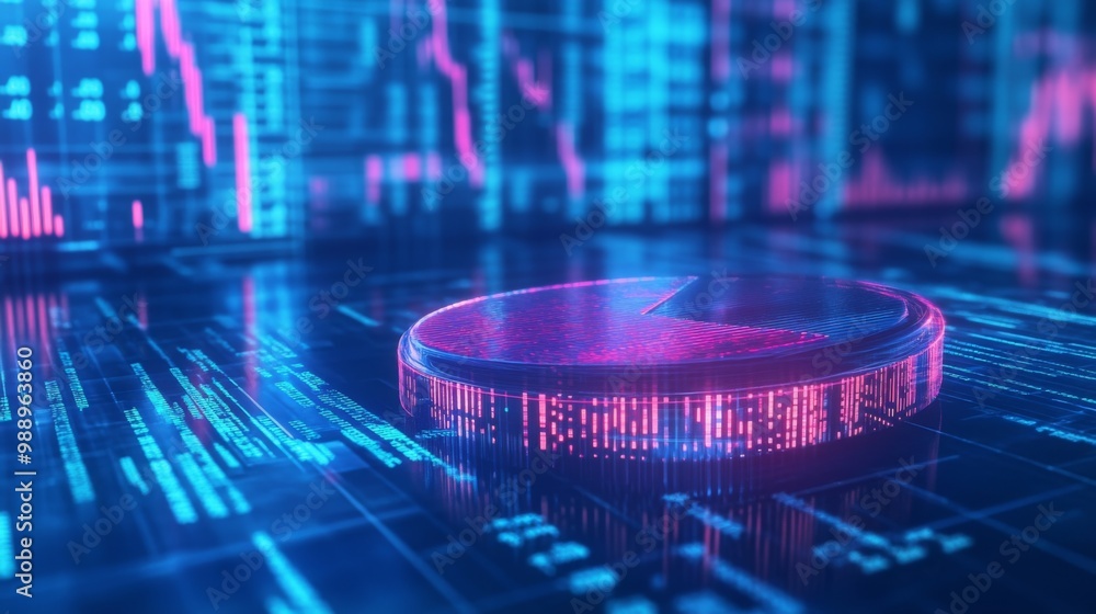 Poster a digital 3d pie chart floating in front of a background filled with financial charts, numbers, and 