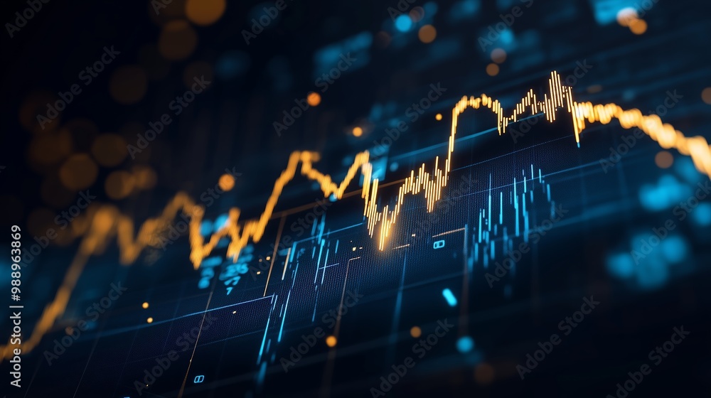 Poster a dynamic financial market graph displaying trends and fluctuations in stock prices during trading h
