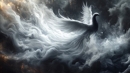 A black and white phoenix with long flowing tail feathers, flying through swirling smoke and fire, detailed feather textures, symbolizing rebirth and resilience, sharp contrasts and dramatic shading.